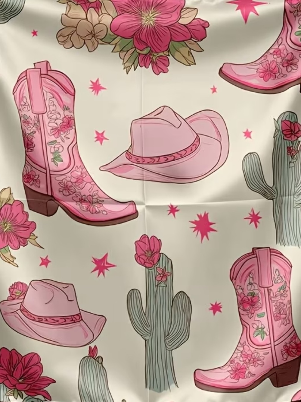 Pink Western Boots & Hat Print Silky Scarf 35”